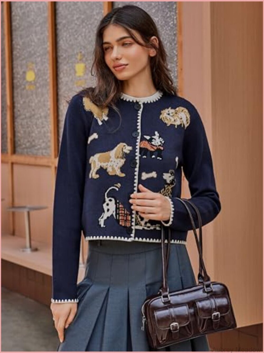 Crew Neck Button Down Knit Cardigan Sweater Dog Pattern Fall Winter Outfits - Picture 3 of 7